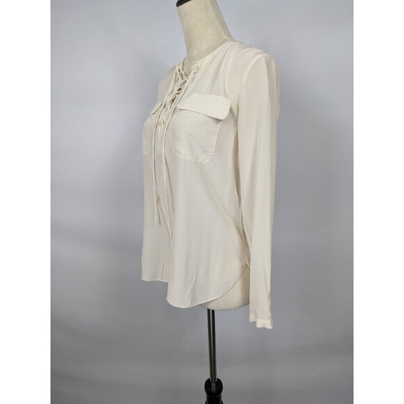 Magaschoni Silk Blouse Cream Ivory 2 Lace-up Neckline Pockets - Picture 2 of 7